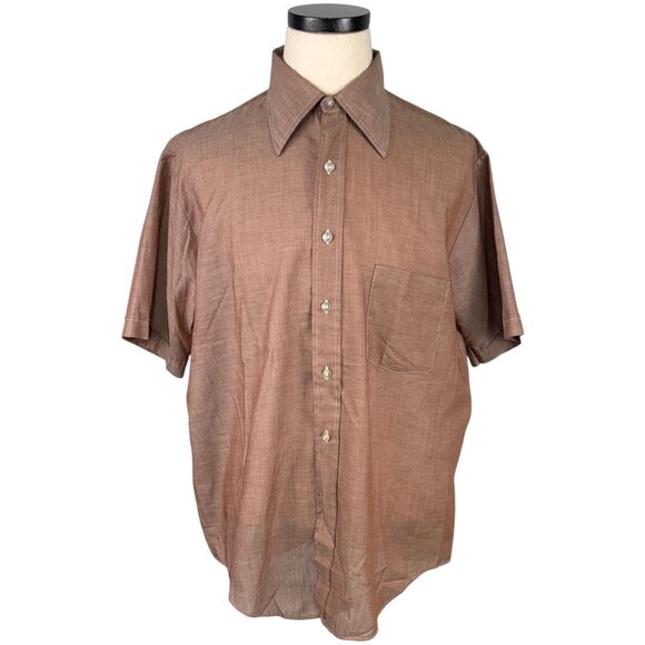 Vintage 60s Brown Short Sleeve Button-Up Shirt Size Small - Picture 1 of 8